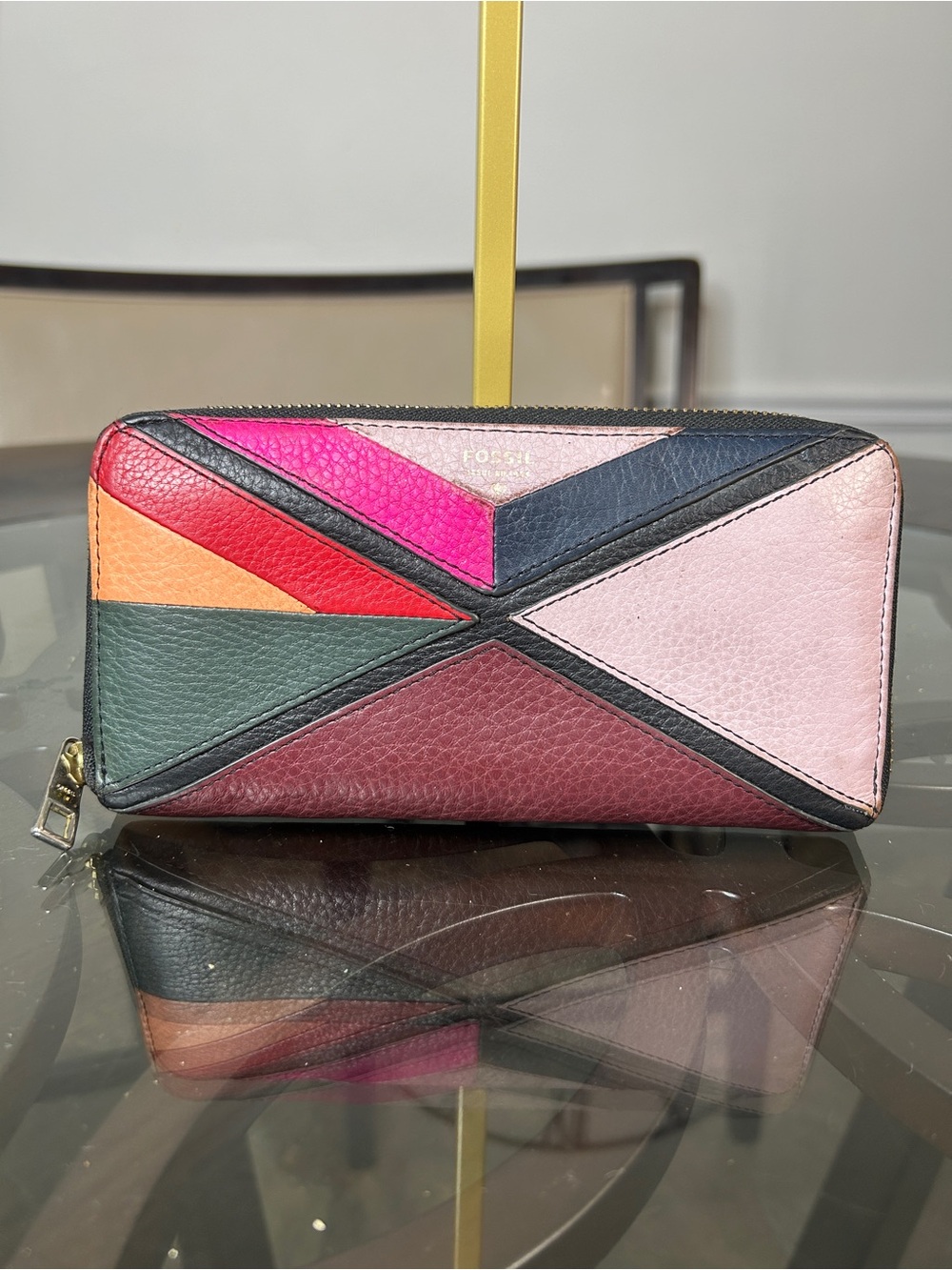 Fossil Leather Zip Around Wallet Geometric Patchwork Chevron Continental